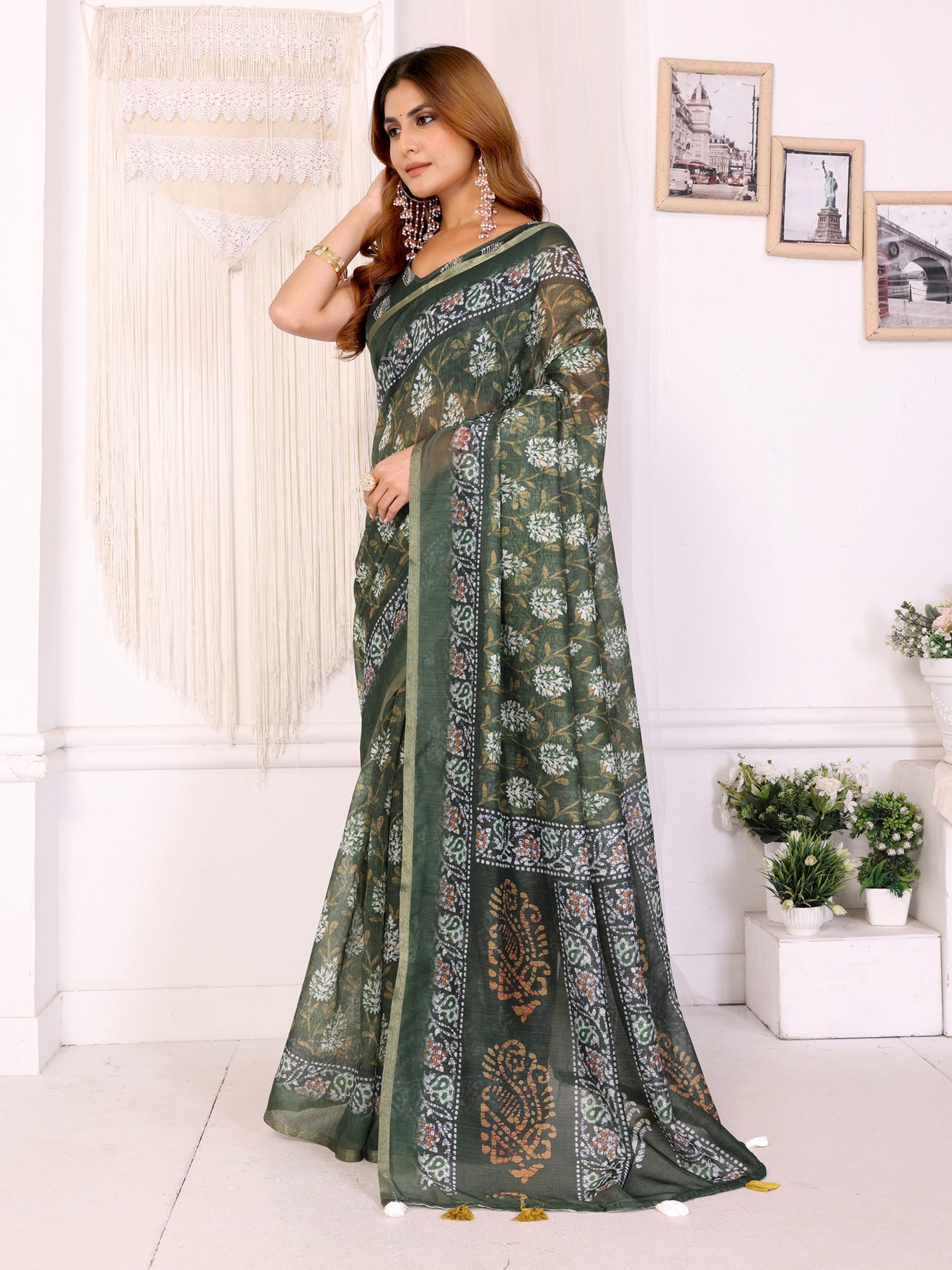 Elegant Deep Olive Green Chanderi Saree with Digital Floral Print | Soft Pastel Multicolor Accents  | Lightweight Designer Saree with Matching Blouse Piece โ 5.5 Meters
